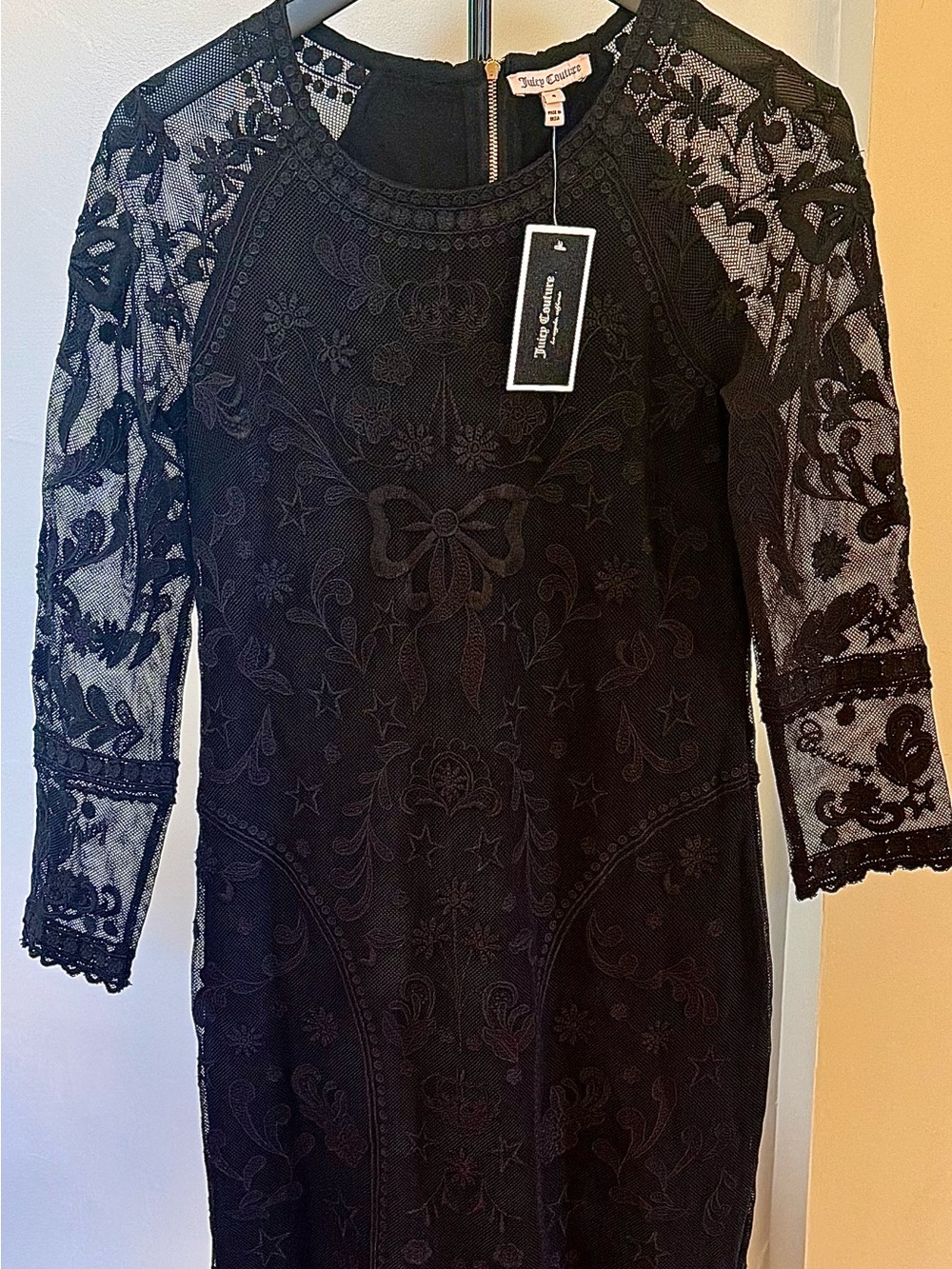 Juicy Couture Black Lace Embroidered Long Sleeve Dress